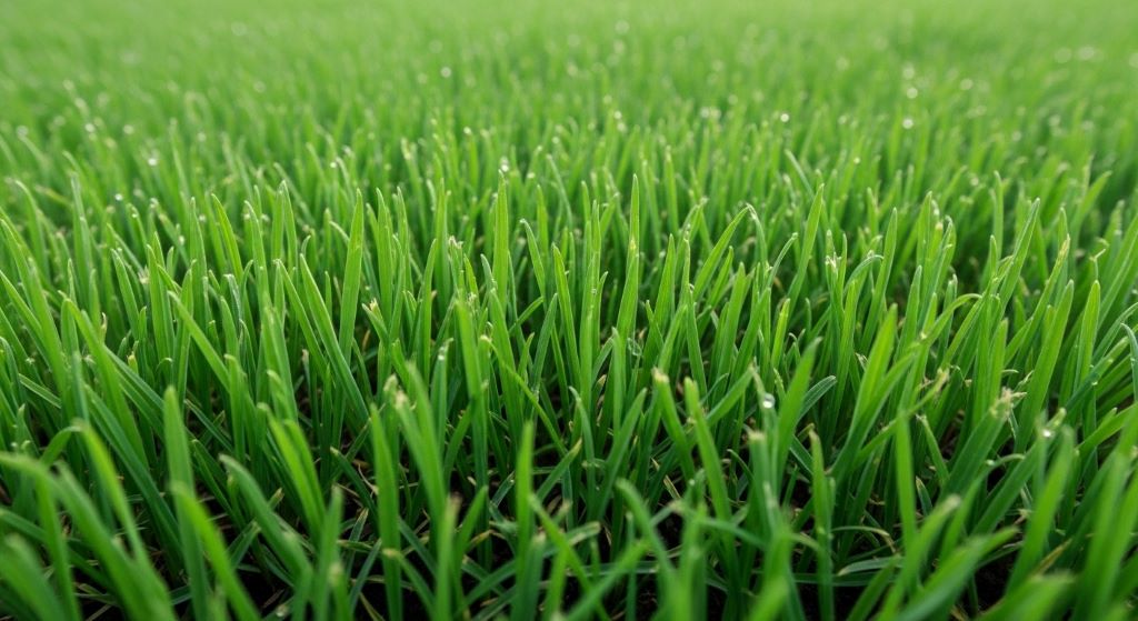 Close-up view of healthy green grass blades showing proper mowing height and lawn care maintenance results