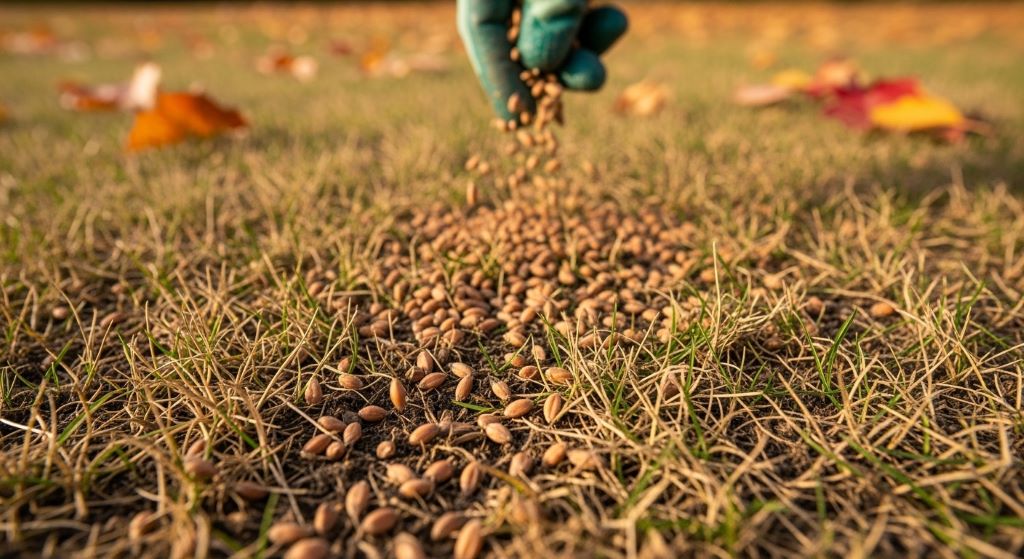 Close-up of grass seed being spread over a brown lawn during fall overseeding