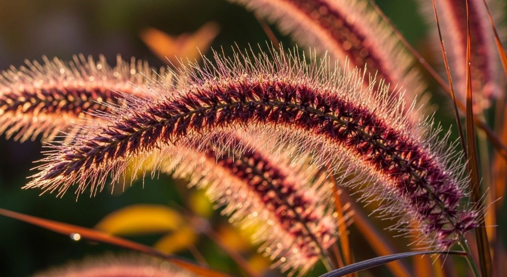 Close-up of purple fountain grass feathery plumes in full bloom during late summer