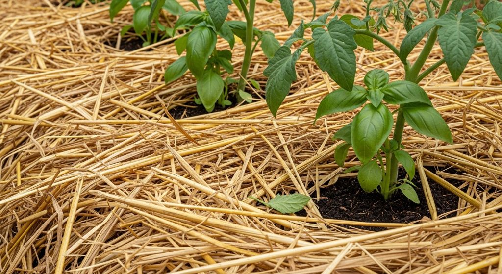 Close-up of straw mulch covering soil around green garden plants