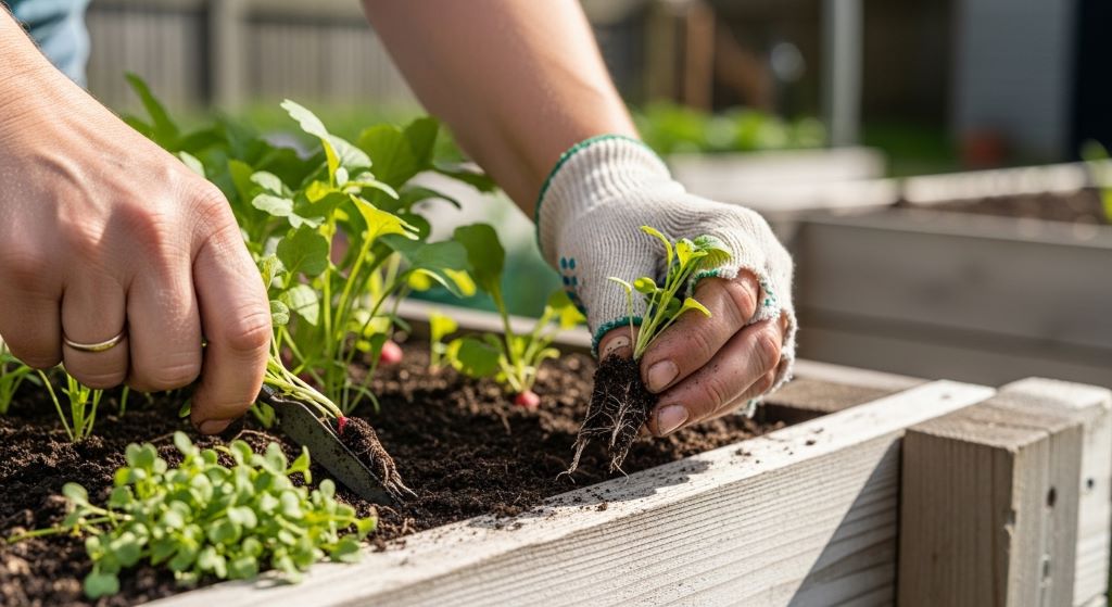 Gardener pulling weeds by hand from a small raised vegetable bed
