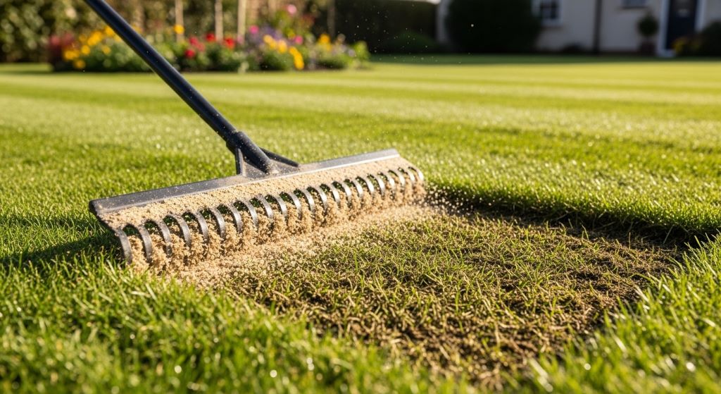 Lawn leveling rake spreading topdressing mix over a low spot in a residential garden