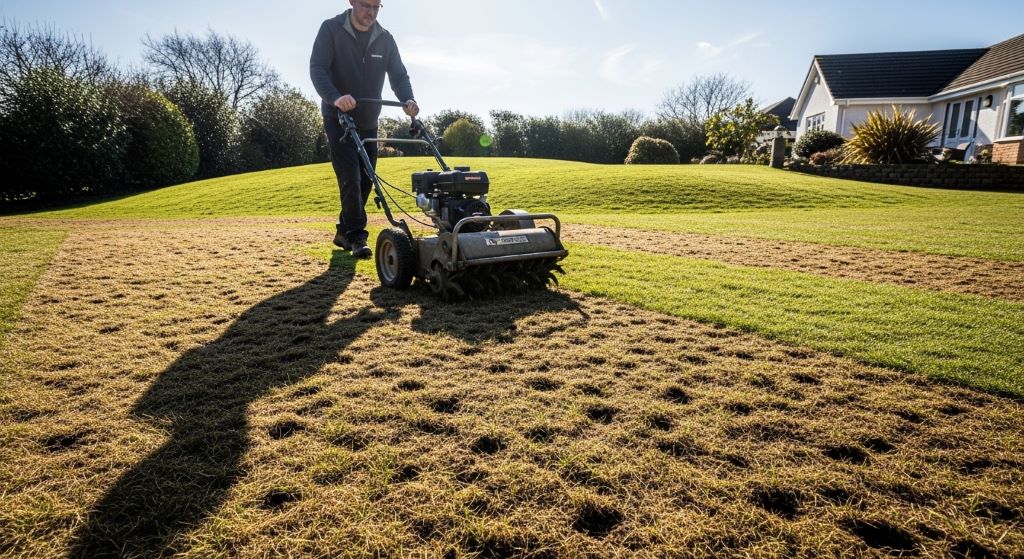 A person using a plug aerator on a patchy, uneven lawn in bright sunlight
