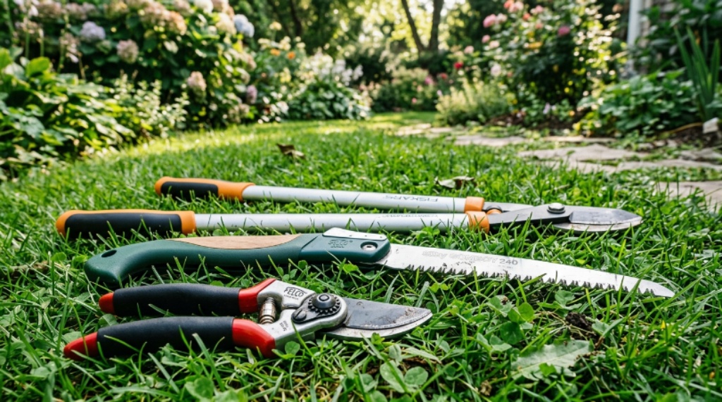Close-up of gardening cutting tools including bypass hand pruners, loppers, and a folding pruning saw laid on grass