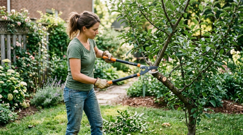 Beginner gardener using manual loppers to prune a thick branch from a small backyard tree
