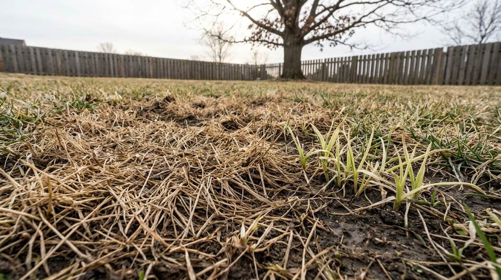Frost damaged lawn before spring recovery