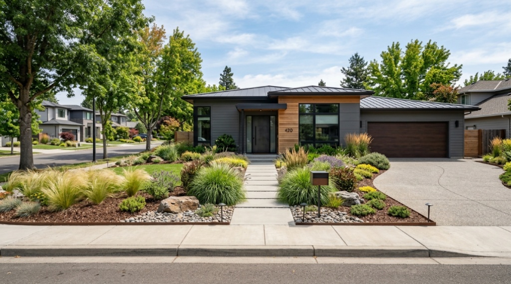 Modern suburban home with a clean, low-maintenance front yard.