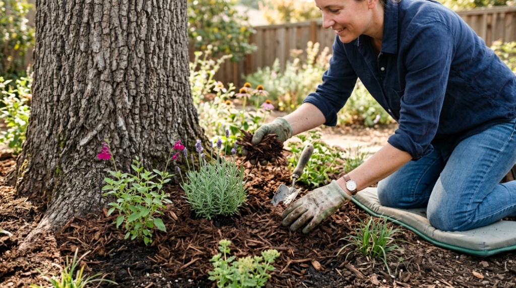 Homeowner applying fresh mulch around a low-maintenance perennial garden bed.