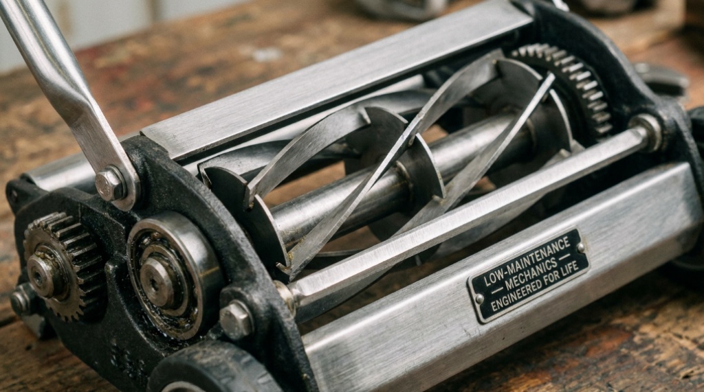 Close-up of spinning steel blades on an eco-friendly manual push mower.